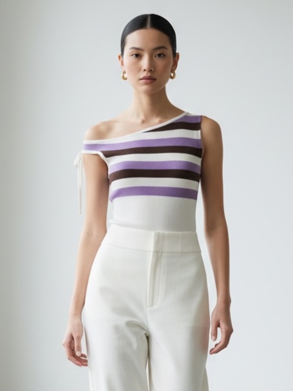 1517 • Lavender Espresso & Cream Rayon Blend Stripe Asymmetric Bow Shoulder Top